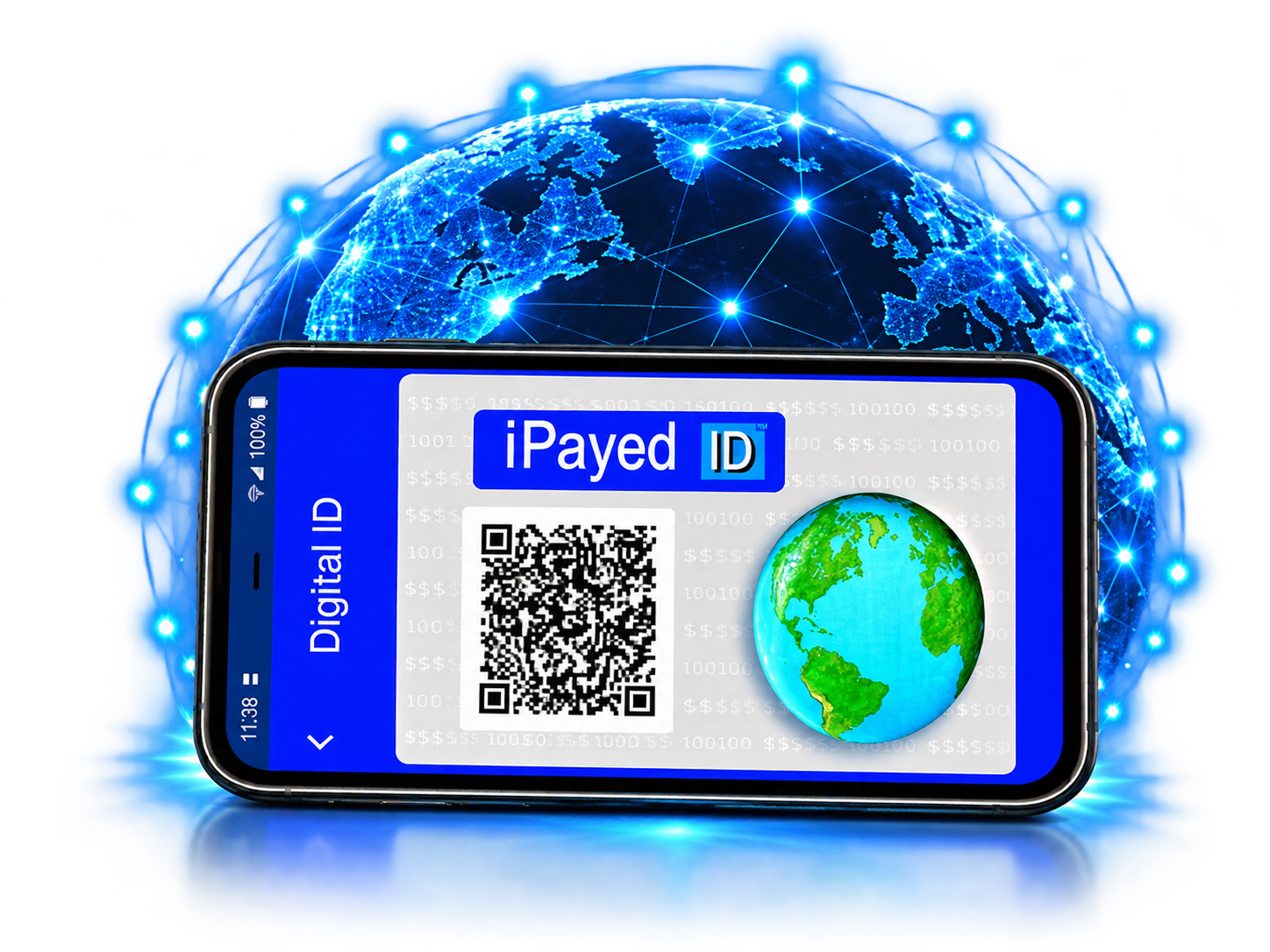 iPayed ID® digital identity displayed on a smartphone with a connected network globe