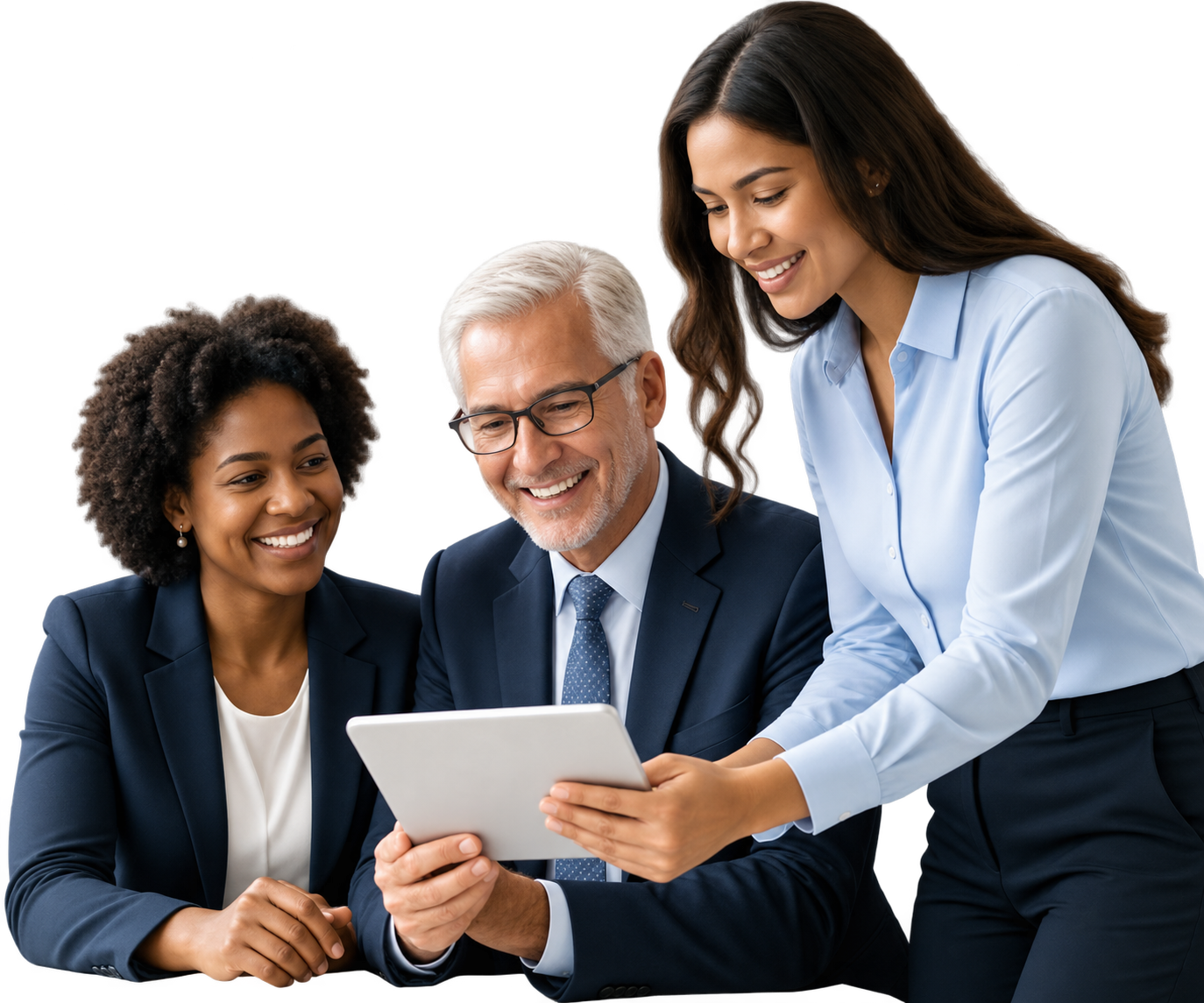 Three public sector professionals collaborating over a tablet